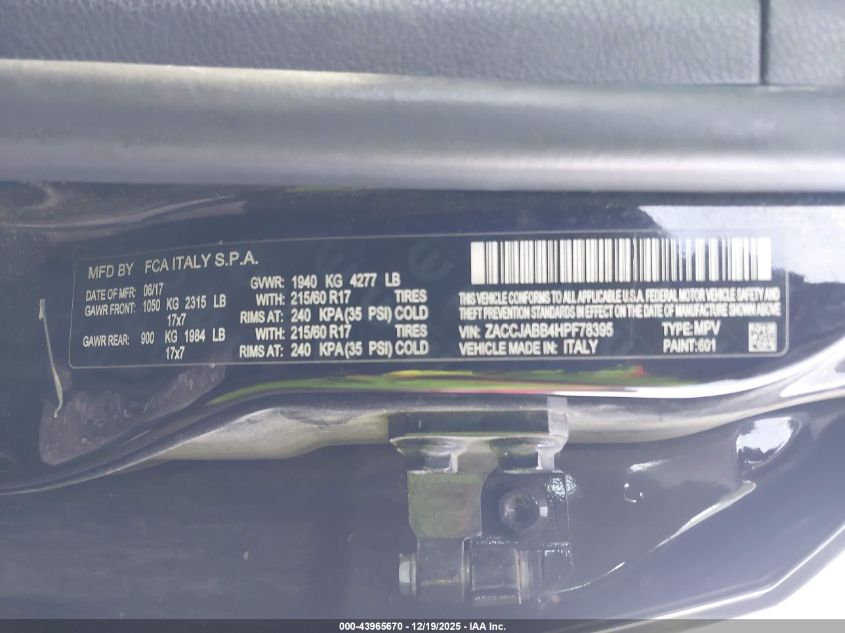 2017 Jeep Renegade Latitude Fwd VIN: ZACCJABB4HPF78395 Lot: 43965670