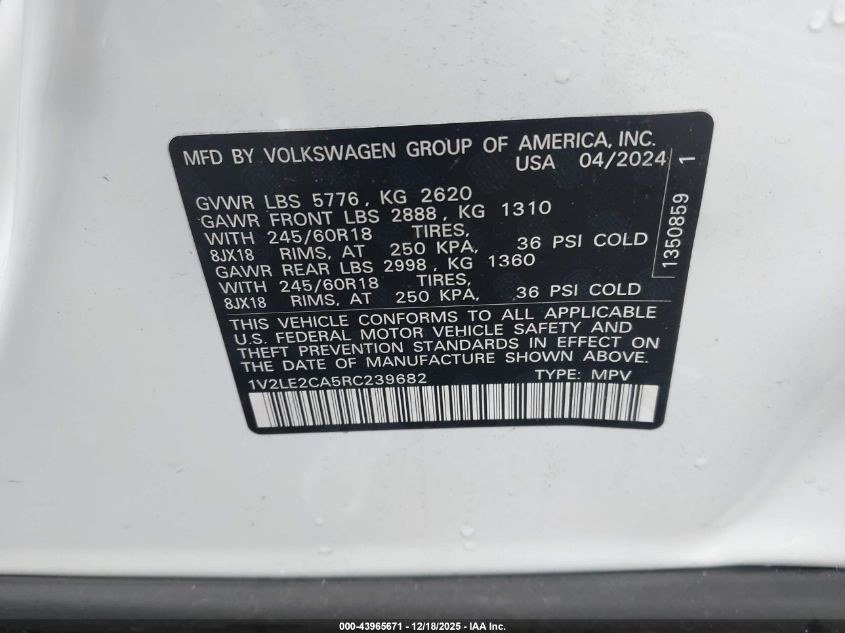 2024 Volkswagen Atlas Cross Sport 2.0T Se VIN: 1V2LE2CA5RC239682 Lot: 43965671