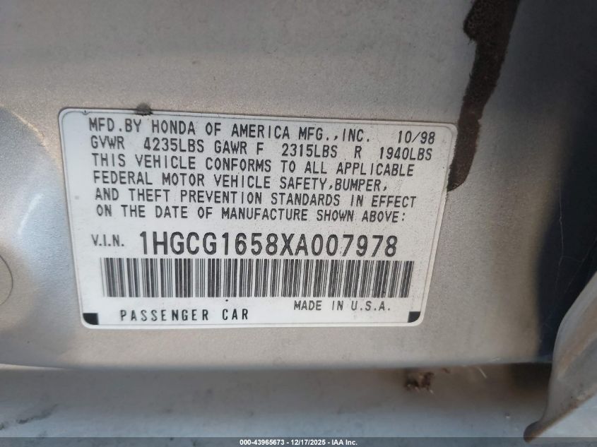 1999 Honda Accord Ex V6 VIN: 1HGCG1658XA007978 Lot: 43965673