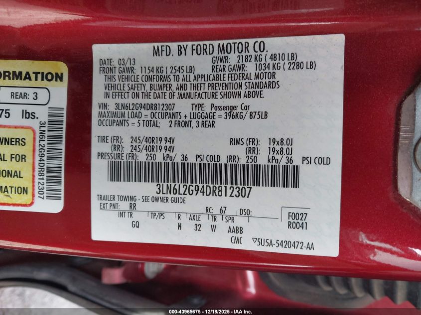 2013 Lincoln Mkz VIN: 3LN6L2G94DR812307 Lot: 43965675