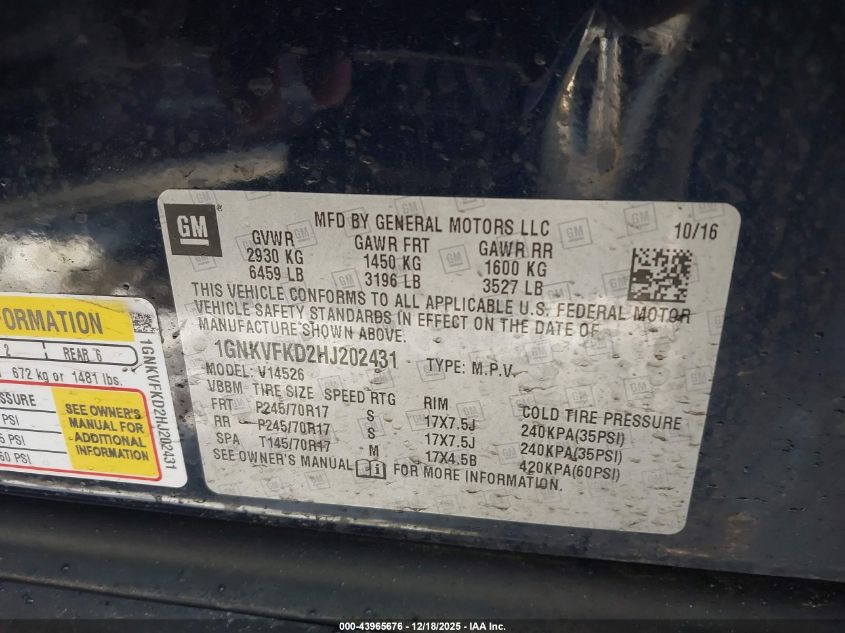 2017 Chevrolet Traverse Ls VIN: 1GNKVFKD2HJ202431 Lot: 43965676