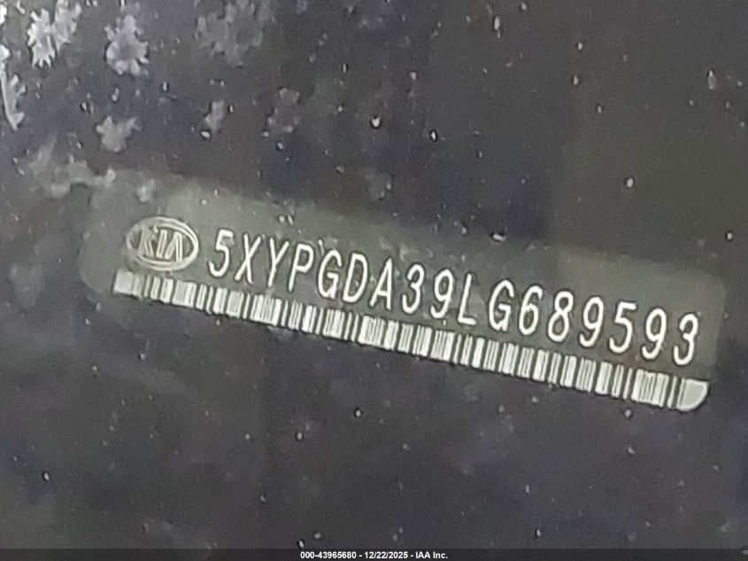 2020 Kia Sorento 2.4L Lx VIN: 5XYPGDA39LG689593 Lot: 43965680