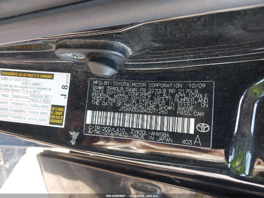 2010 Toyota Prius Iv VIN: JTDKN3DU2A0071260 Lot: 43965687