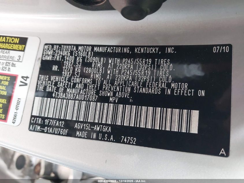 2010 Toyota Venza VIN: 4T3BA3BB7AU017087 Lot: 43965689