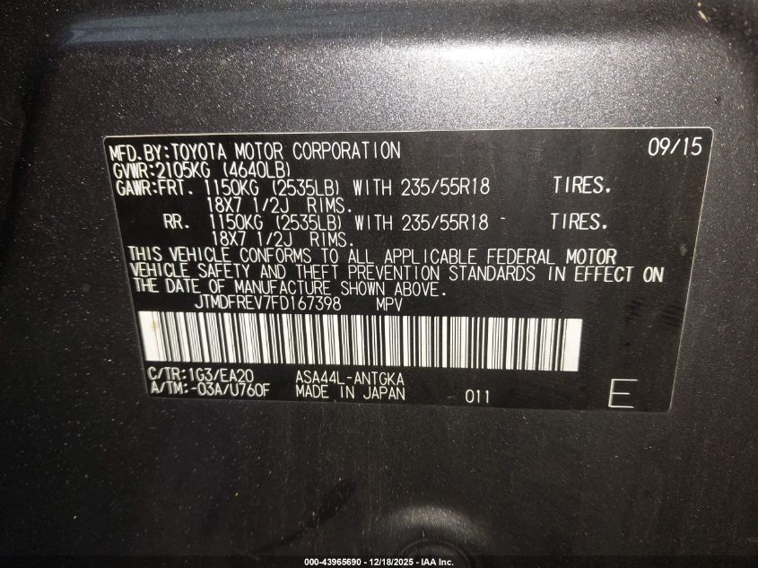 2015 Toyota Rav4 Limited VIN: JTMDFREV7FD167398 Lot: 43965690