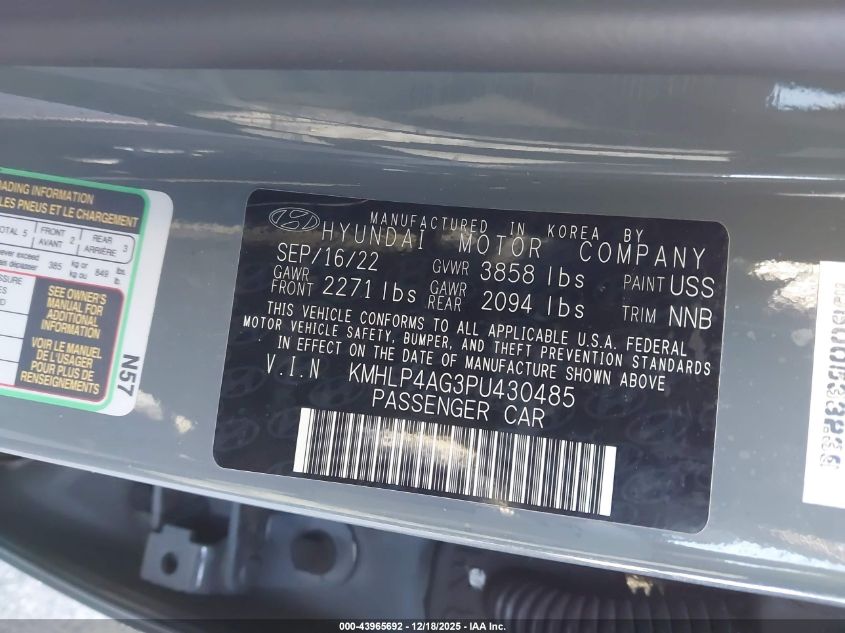 2023 Hyundai Elantra Limited VIN: KMHLP4AG3PU430485 Lot: 43965692