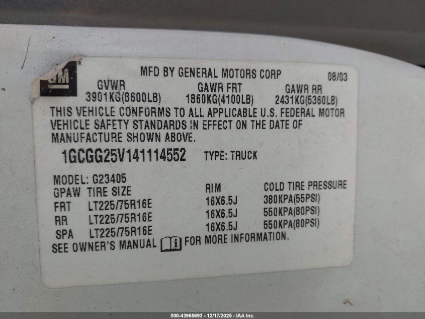 2004 Chevrolet Express VIN: 1GCGG25V141114552 Lot: 43965693