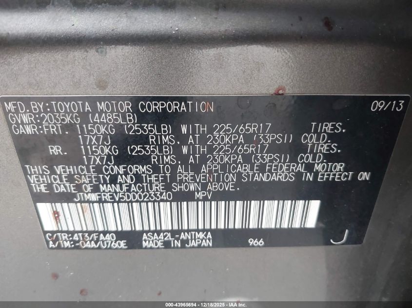 2013 Toyota Rav4 Xle VIN: JTMWFREV5DD023340 Lot: 43965694