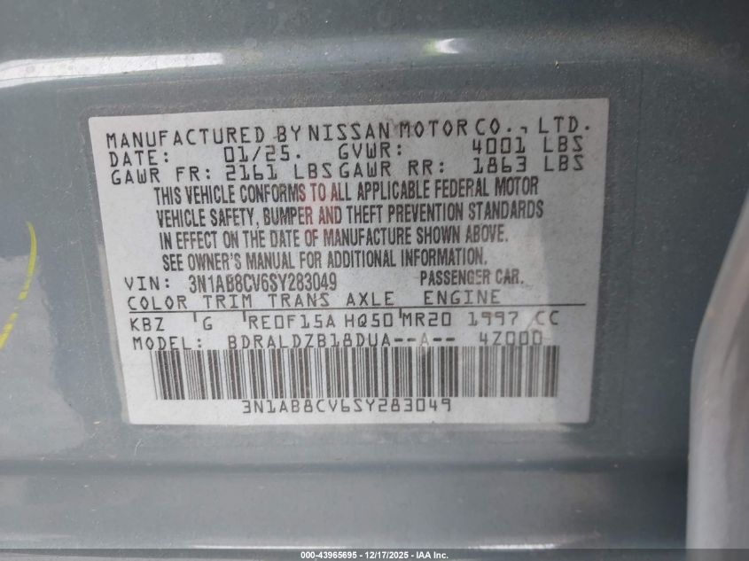 2025 Nissan Sentra Sv VIN: 3N1AB8CV6SY283049 Lot: 43965695