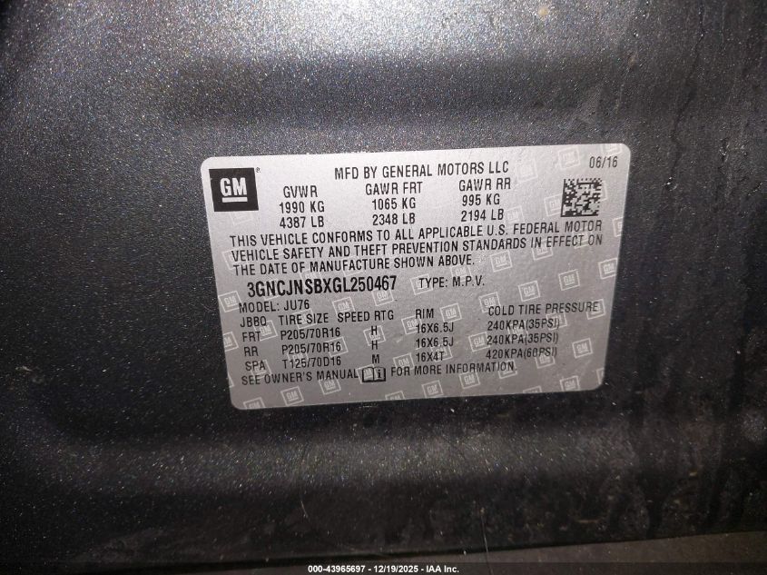 2016 Chevrolet Trax 1Ls VIN: 3GNCJNSBXGL250467 Lot: 43965697