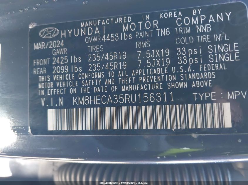 2024 Hyundai Kona Limited VIN: KM8HECA35RU156311 Lot: 43965698