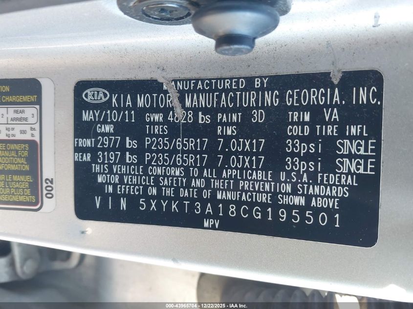 2012 Kia Sorento Lx VIN: 5XYKT3A18CG195501 Lot: 43965704