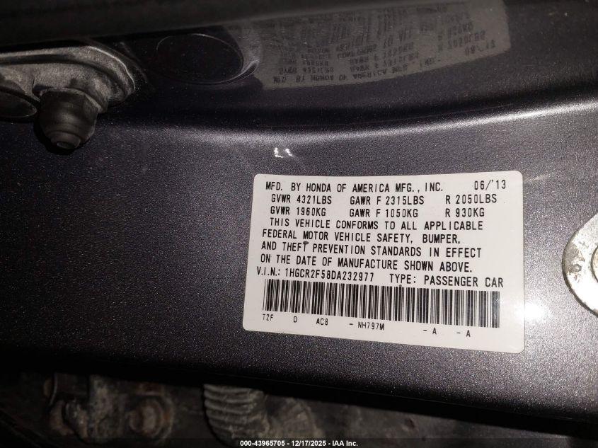 2013 Honda Accord Sport VIN: 1HGCR2F58DA232977 Lot: 43965705