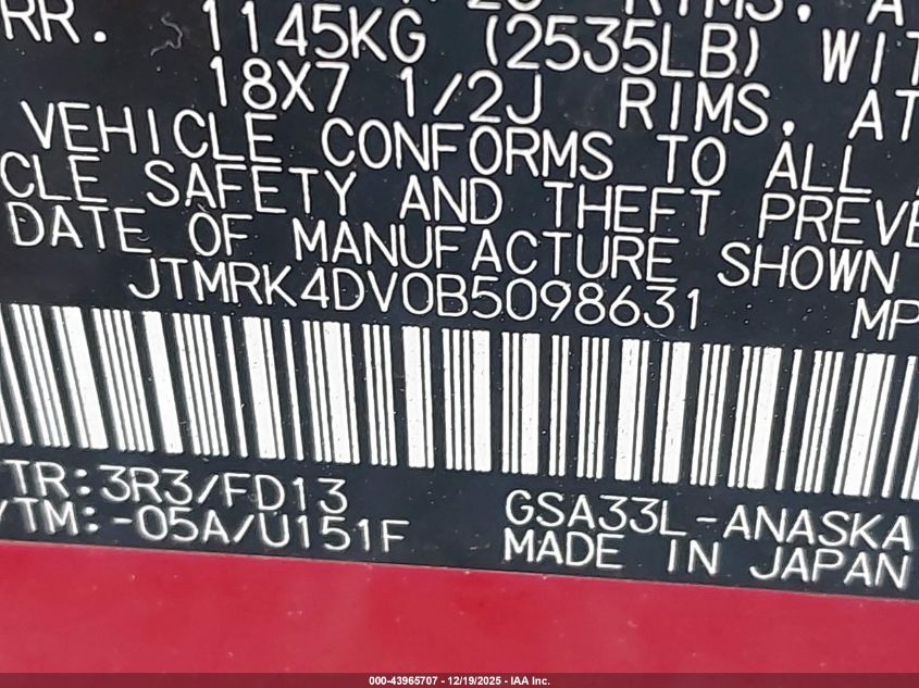 2011 Toyota Rav4 Sport V6 VIN: JTMRK4DV0B5098631 Lot: 43965707