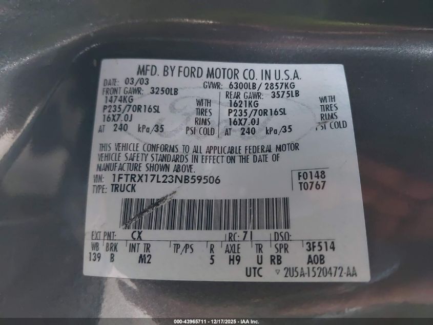 2003 Ford F-150 Lariat/Xl/Xlt VIN: 1FTRX17L23NB59506 Lot: 43965711