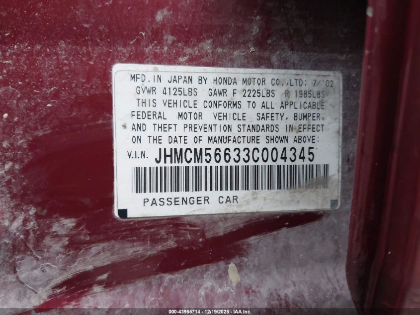 2003 Honda Accord 2.4 Ex VIN: JHMCM56633C004345 Lot: 43965714