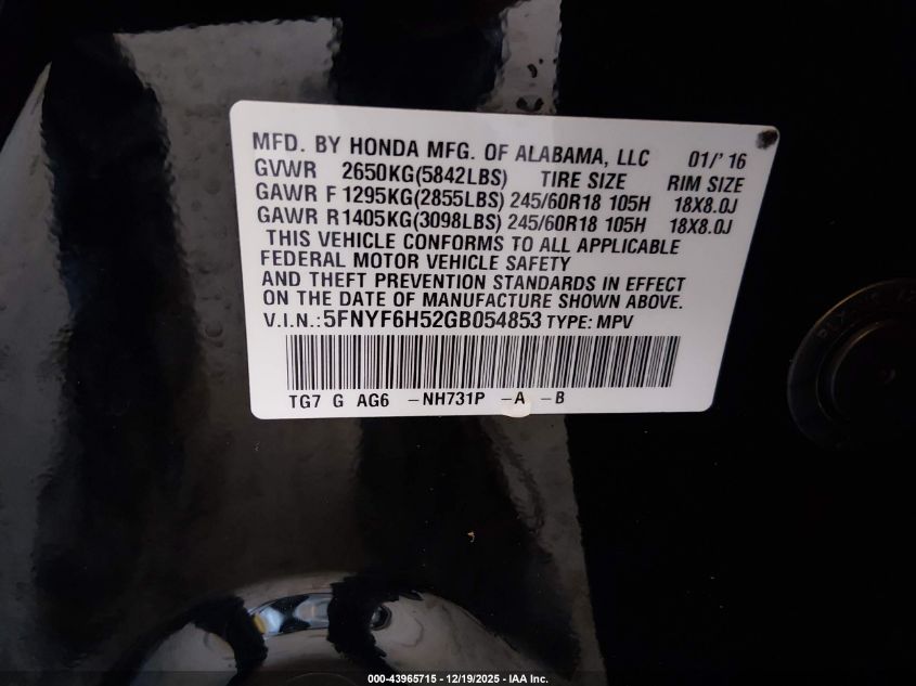 2016 Honda Pilot Ex-L VIN: 5FNYF6H52GB054853 Lot: 43965715