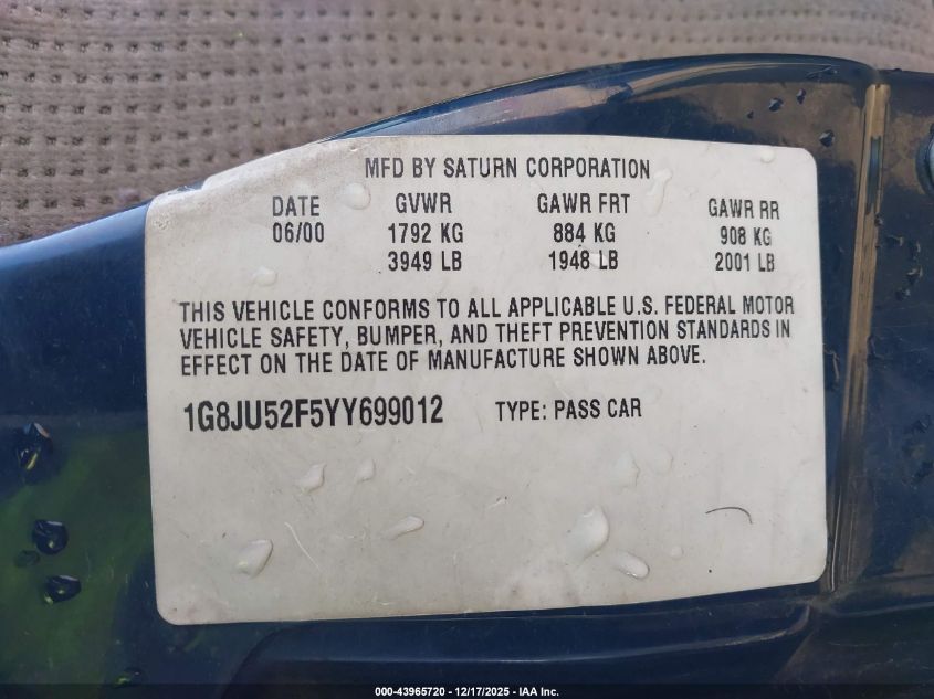 2000 Saturn Ls1 VIN: 1G8JU52F5YY699012 Lot: 43965720