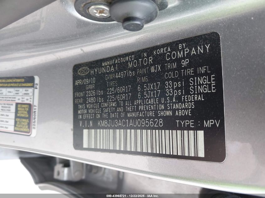 2010 Hyundai Tucson Gls VIN: KM8JU3AC1AU095628 Lot: 43965721