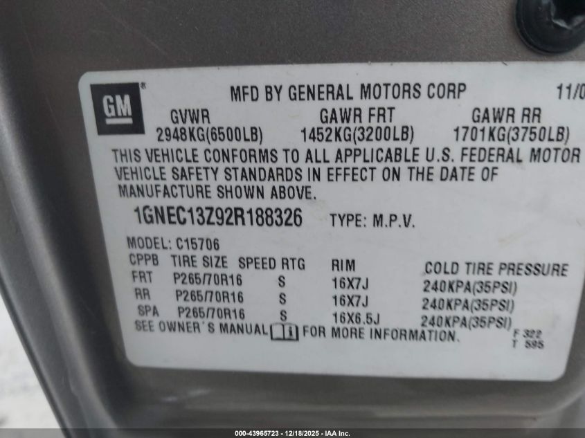 2002 Chevrolet Tahoe Ls VIN: 1GNEC13Z92R188326 Lot: 43965723