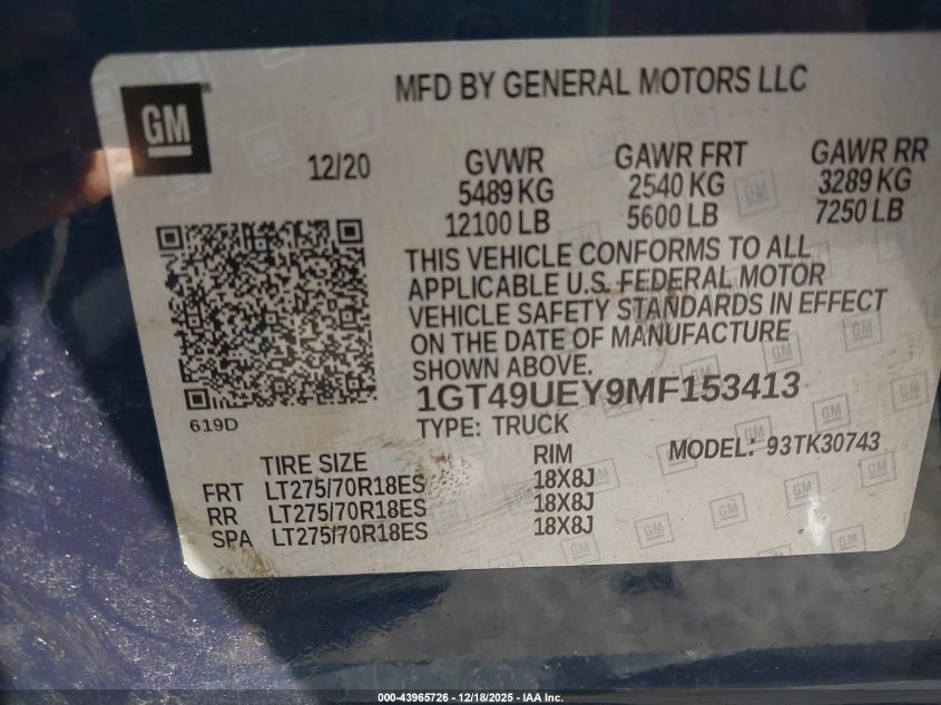 2021 GMC Sierra 3500Hd 4Wd Standard Bed Slt VIN: 1GT49UEY9MF153413 Lot: 43965726
