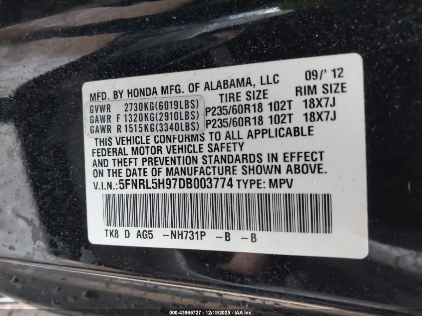 2013 Honda Odyssey Touring/Touring Elite VIN: 5FNRL5H97DB003774 Lot: 43965727