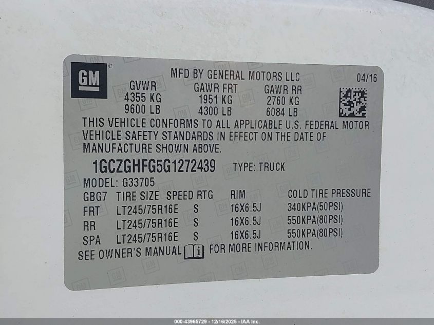 2016 Chevrolet Express 3500 Work Van VIN: 1GCZGHFG5G1272439 Lot: 43965729