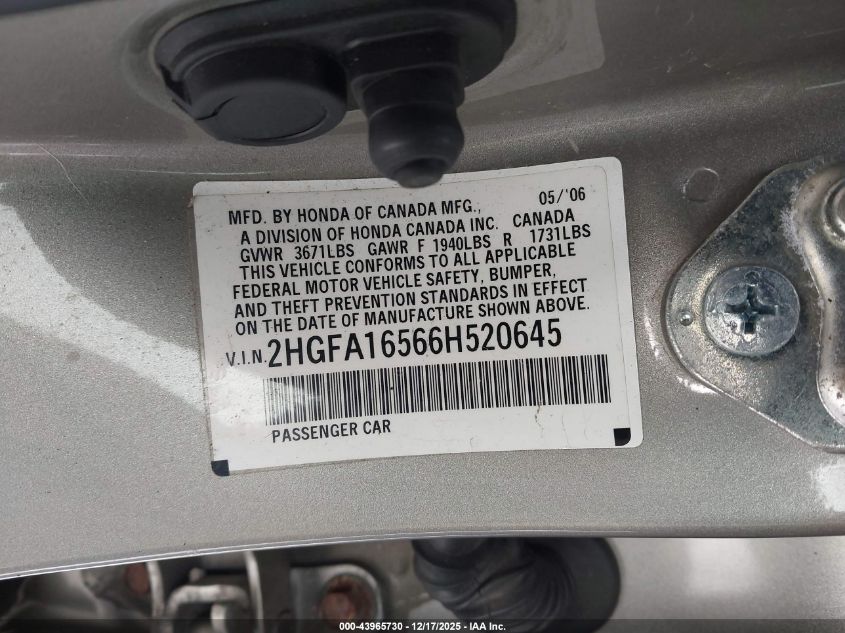 2006 Honda Civic Lx VIN: 2HGFA16566H520645 Lot: 43965730