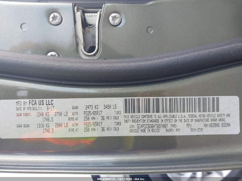 2017 Dodge Journey Sxt VIN: 3C4PDCBG6HT697087 Lot: 43965731