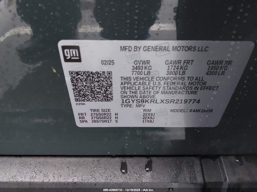 2025 Cadillac Escalade Esv Premium Luxury VIN: 1GYS9KRLXSR219774 Lot: 43965732