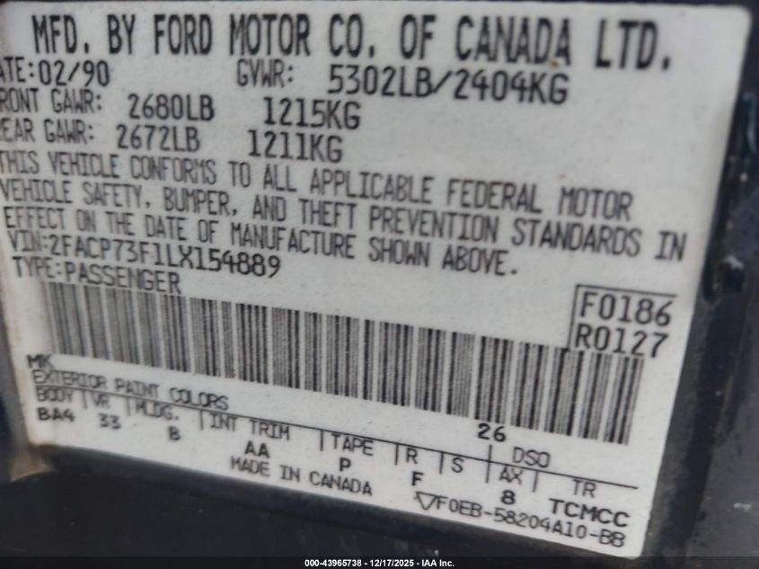 1990 Ford Crown Victoria VIN: 2FACP73F1LX154889 Lot: 43965738