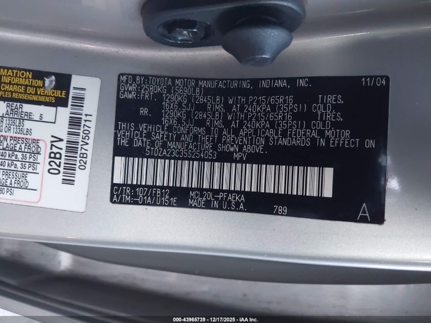 2005 Toyota Sienna Le VIN: 5TDZA23C35S254053 Lot: 43965739