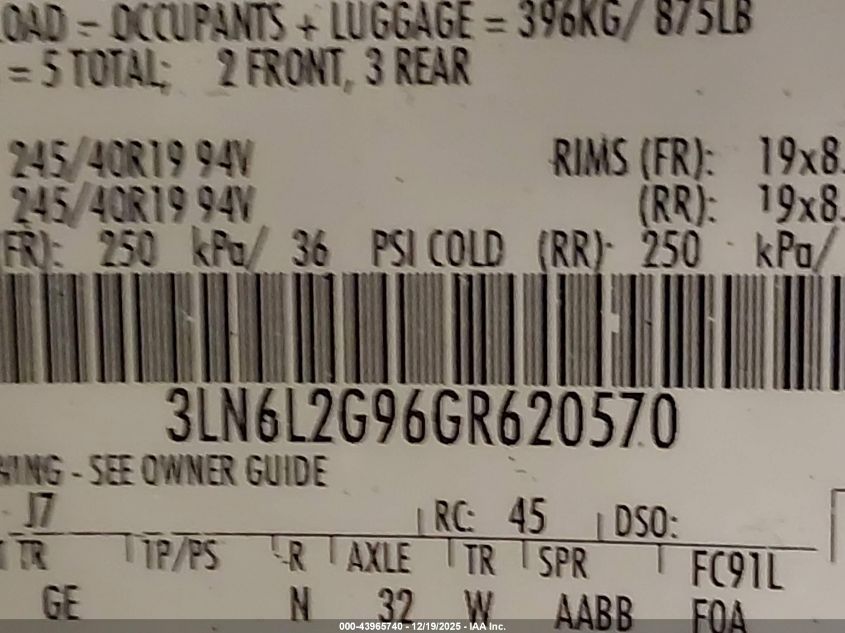 2016 Lincoln Mkz VIN: 3LN6L2G96GR620570 Lot: 43965740