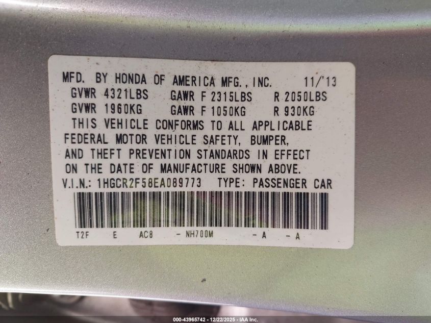 2014 Honda Accord Sport VIN: 1HGCR2F58EA089773 Lot: 43965742