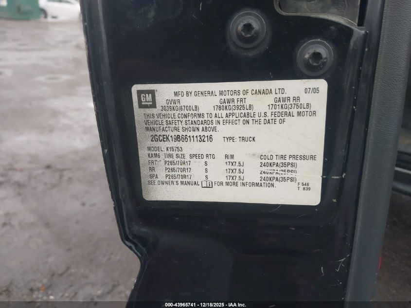 2006 Chevrolet Silverado 1500 Lt2 VIN: 2GCEK19B661113216 Lot: 43965741