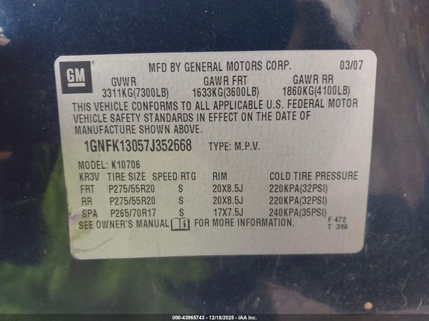 2007 Chevrolet Tahoe Ltz VIN: 1GNFK13057J352668 Lot: 43965743