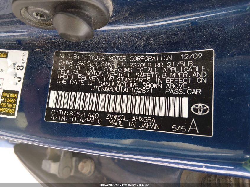 2010 Toyota Prius Iv VIN: JTDKN3DU1A0102871 Lot: 43965750