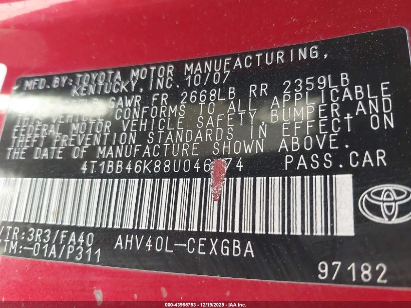 2008 Toyota Camry Hybrid VIN: 4T1BB46K88U046274 Lot: 43965753