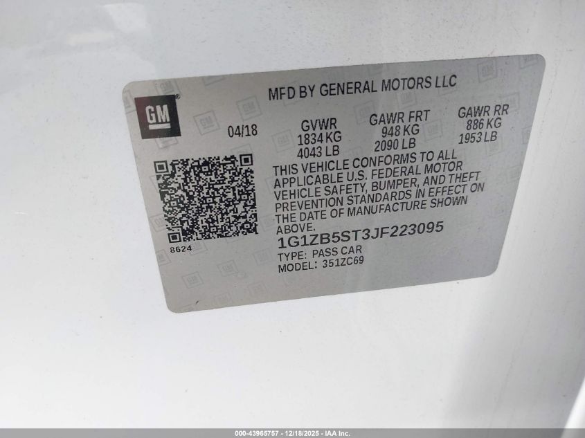 2018 Chevrolet Malibu 1Ls VIN: 1G1ZB5ST3JF223095 Lot: 43965757