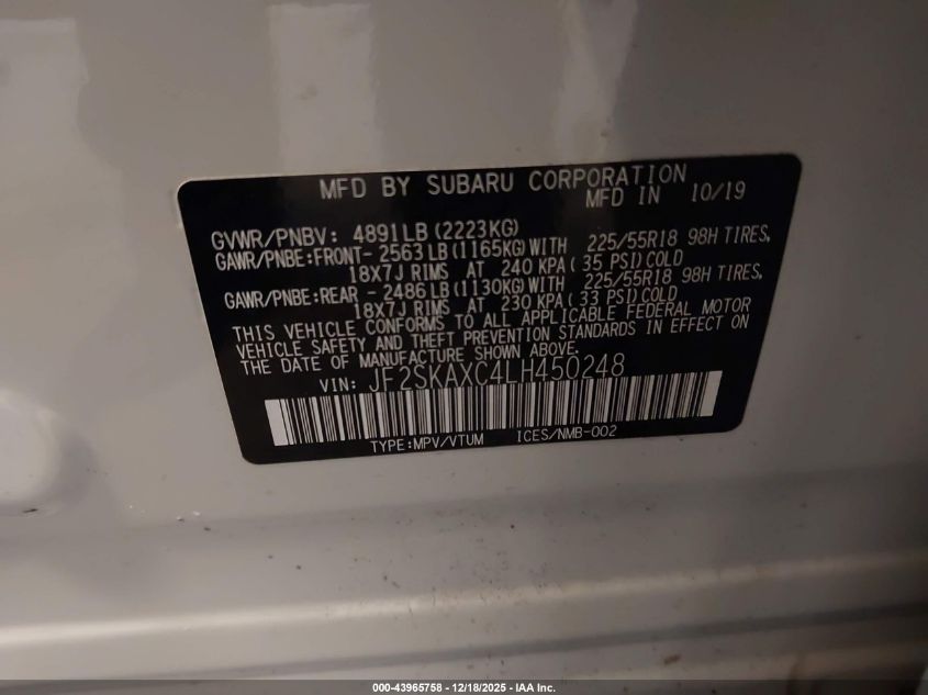 2020 Subaru Forester Touring VIN: JF2SKAXC4LH450248 Lot: 43965758