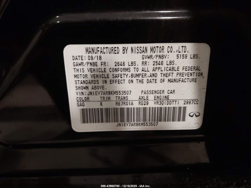 2019 Infiniti Q50 3.0T Luxe VIN: JN1EV7AR8KM553507 Lot: 43965760