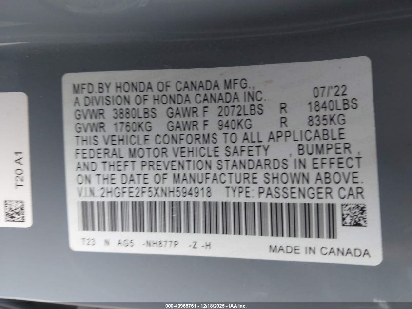 2022 Honda Civic Sport VIN: 2HGFE2F5XNH594918 Lot: 43965761