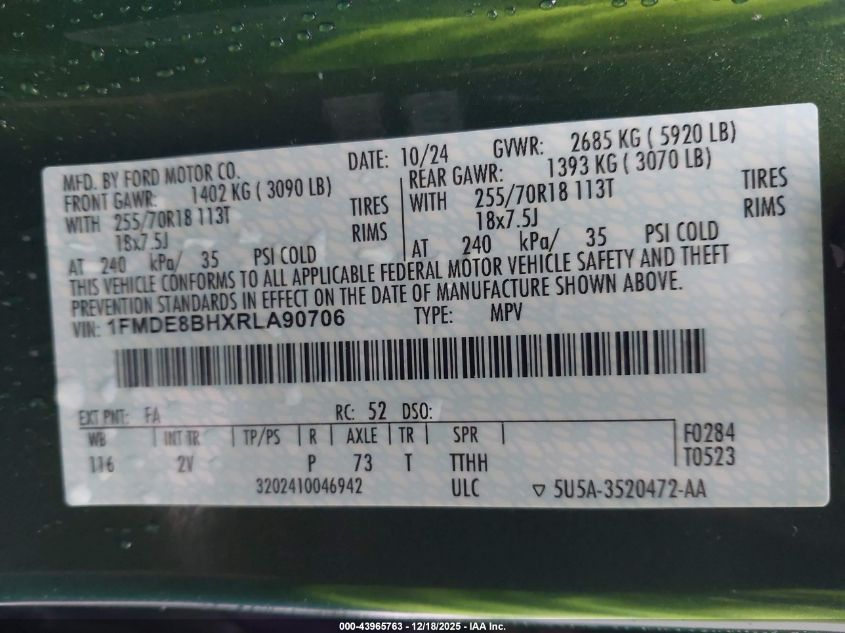 2024 Ford Bronco Outer Banks VIN: 1FMDE8BHXRLA90706 Lot: 43965763