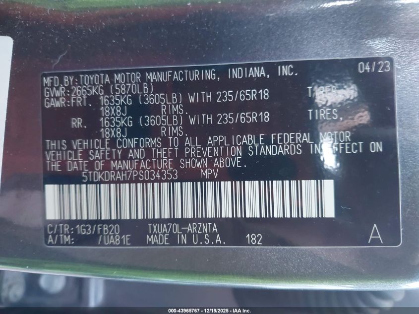 2023 Toyota Highlander L VIN: 5TDKDRAH7PS034353 Lot: 43965767