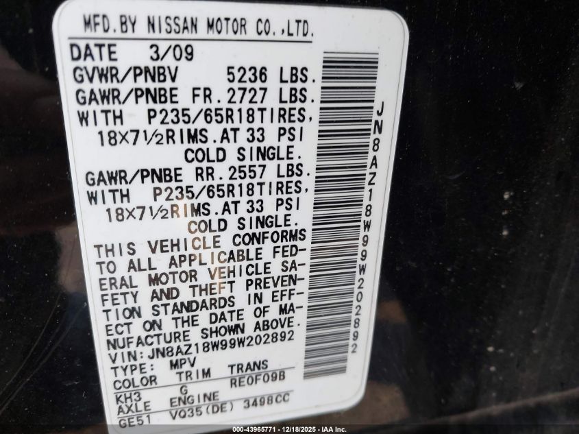 2009 Nissan Murano S VIN: JN8AZ18W99W202892 Lot: 43965771