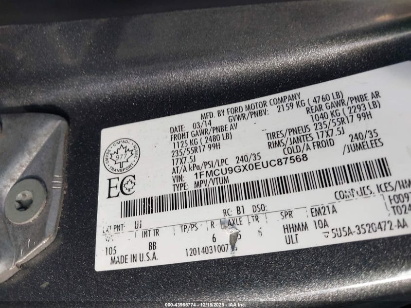 2014 Ford Escape Se VIN: 1FMCU9GX0EUC87568 Lot: 43965774