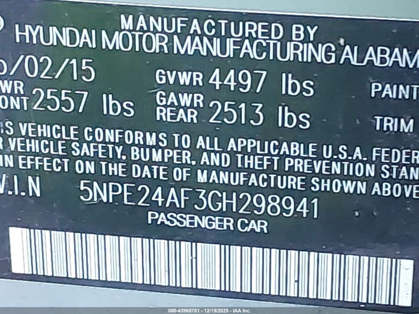 2016 Hyundai Sonata Se VIN: 5NPE24AF3GH298941 Lot: 43965781