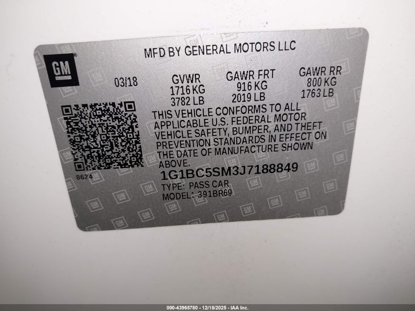 2018 Chevrolet Cruze Ls Auto VIN: 1G1BC5SM3J7188849 Lot: 43965780