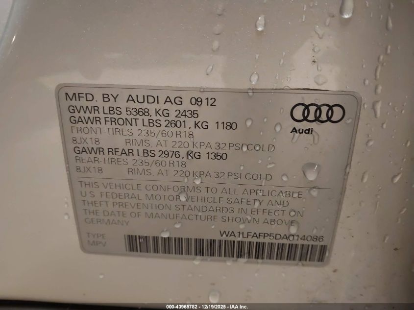 2013 Audi Q5 2.0T Premium VIN: WA1LFAFP5DA014086 Lot: 43965782