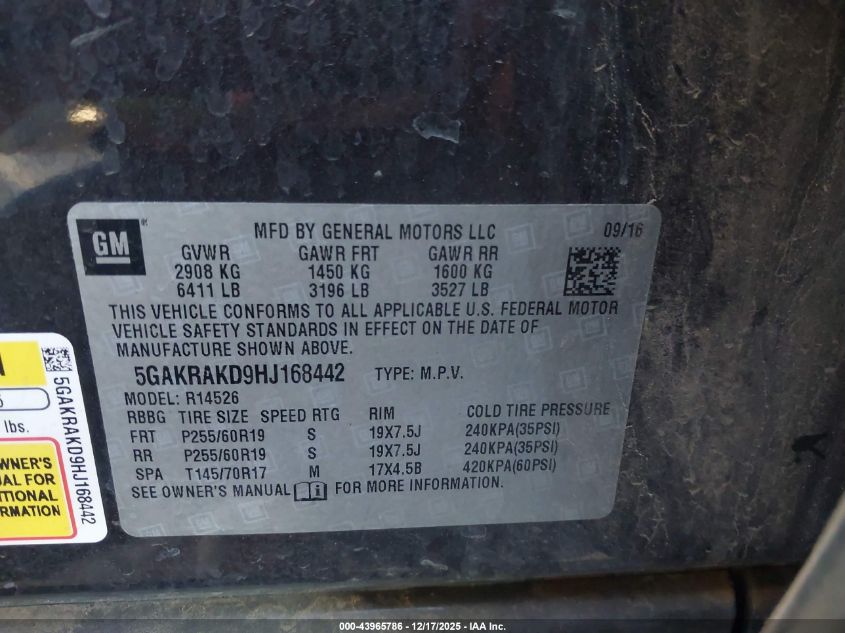 2017 Buick Enclave Convenience VIN: 5GAKRAKD9HJ168442 Lot: 43965786